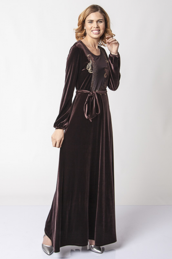 thumbBelden Kuşaklı Dantel İşlemeli Kadife Elbise - Kahverengi