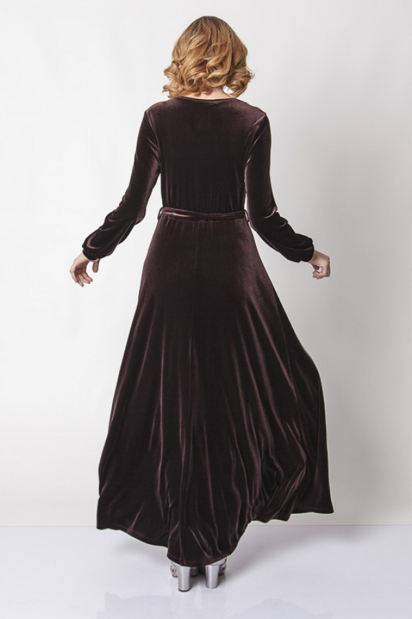 thumbBelden Kuşaklı Dantel İşlemeli Kadife Elbise - Kahverengi