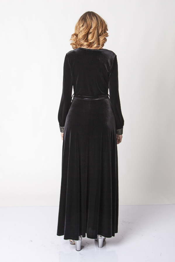 thumbBelden Kuşaklı Dantel İşlemeli Kadife Elbise - Siyah