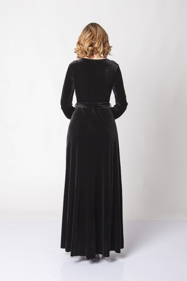 thumbBelden Kuşaklı Dantel İşlemeli Kadife Elbise - Siyah