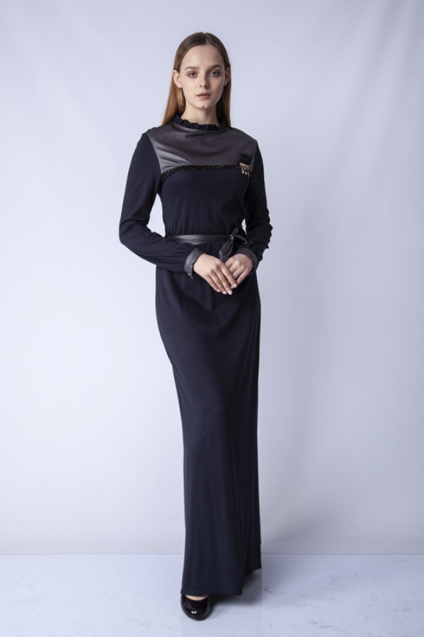thumbBelden Kuşaklı Deri Detaylı Elbise - Lacivert