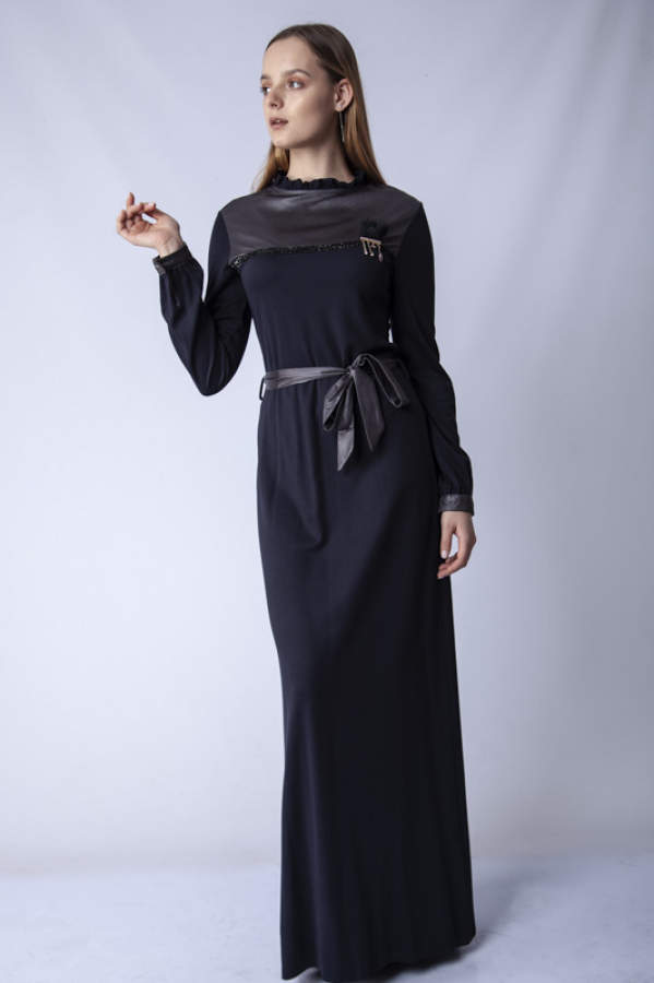 thumbBelden Kuşaklı Deri Detaylı Elbise - Lacivert