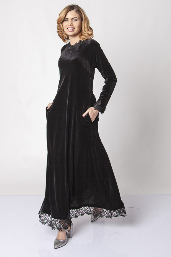 thumbDantel İşlemeli Kadife Elbise - Siyah