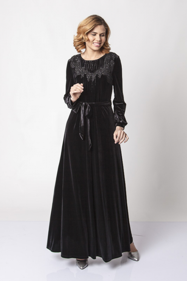 Taş İşlemeli Belden Kuşaklı Kadife Elbise - Siyah