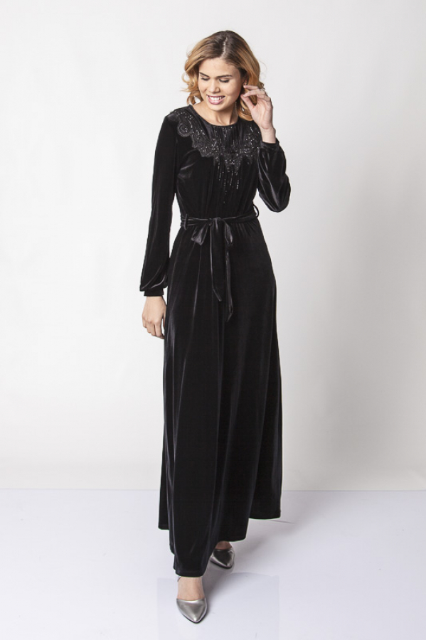thumbTaş İşlemeli Belden Kuşaklı Kadife Elbise - Siyah
