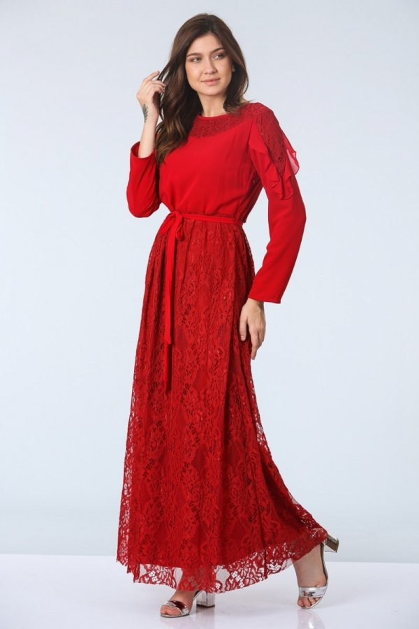 thumbDantelli Abiye Elbise - Kırmızı