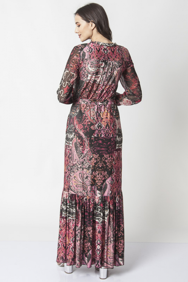 thumbDesenli Belden Kuşaklı İşleme Detaylı Elbise- Fuşya