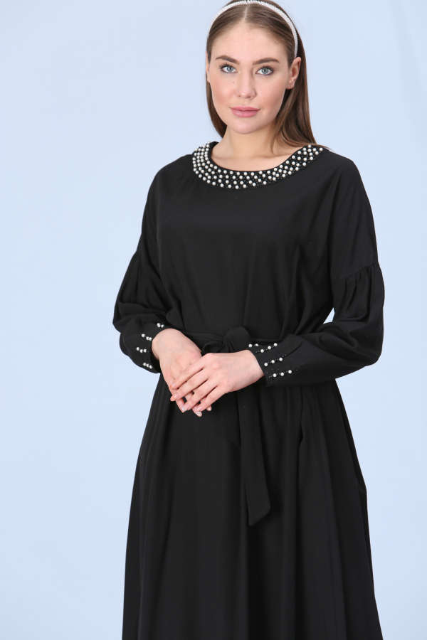 thumbYakası İnci İşlemeli Elbise - Siyah