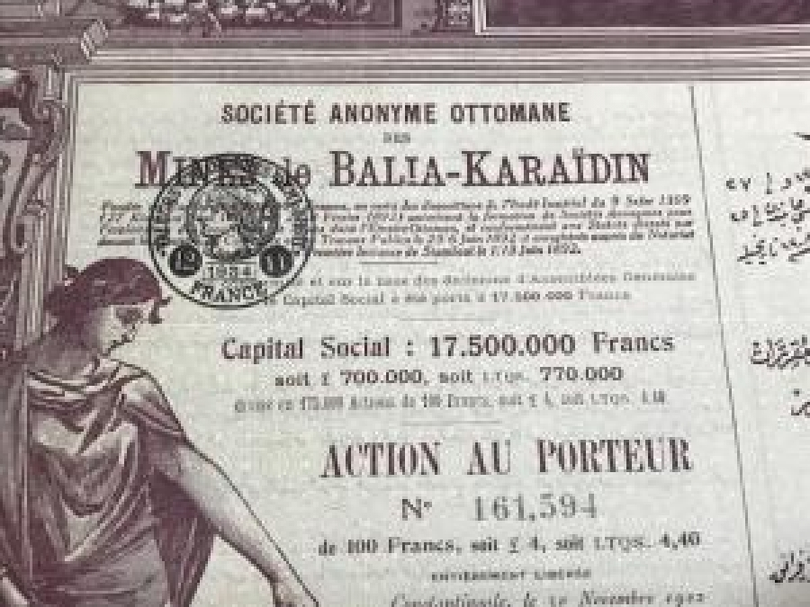 thumb1934 BALİA KARAİDİN MADEN OSMANLI ŞİRKEDİ HİSSE SENEDİ 17 500 000 FRANCS