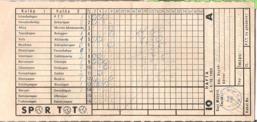 1968 YILI 10 HAFTA OYNANMIŞ YAZILMIŞ SPOR TOTO KOPONU