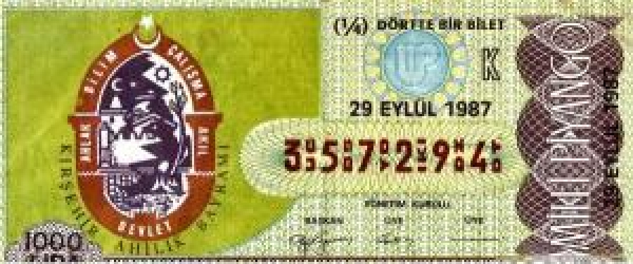 MİLLİ PİYANGO ÇEYREK BİLET 1000 LİRA 357294 SERİ NO 29 EYLÜL 1987 ÇEKİLİŞİ