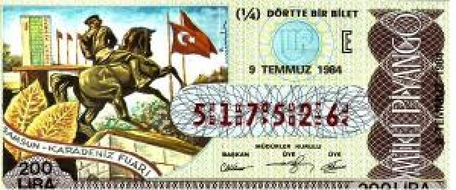 MİLLİ PİYANGO ÇEYREK BİLET 200 LİRA 517526 SERİ NO 9 TEMMUZ 1984 ÇEKİLİŞİ