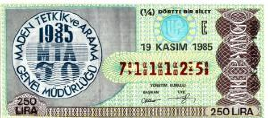 MİLLİ PİYANGO ÇEYREK BİLET 250 LİRA 711125 SERİ NOLU 19 KASIM 1985 ÇEKİLİŞİ