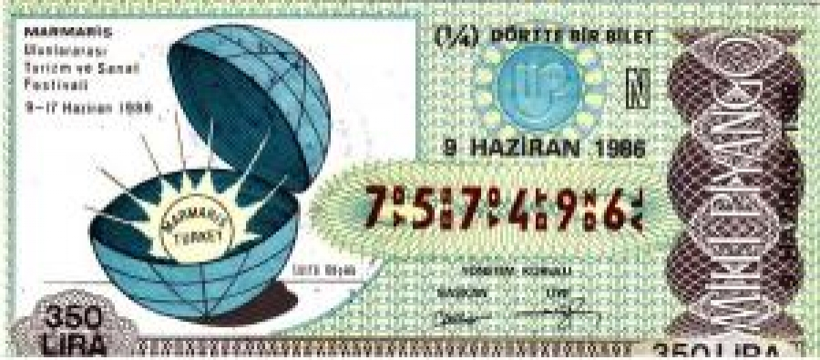 MİLLİ PİYANGO ÇEYREK BİLET 350 LİRA 757496 SERİ NO 9 HAZİRAN 1986 ÇEKİLİŞİ