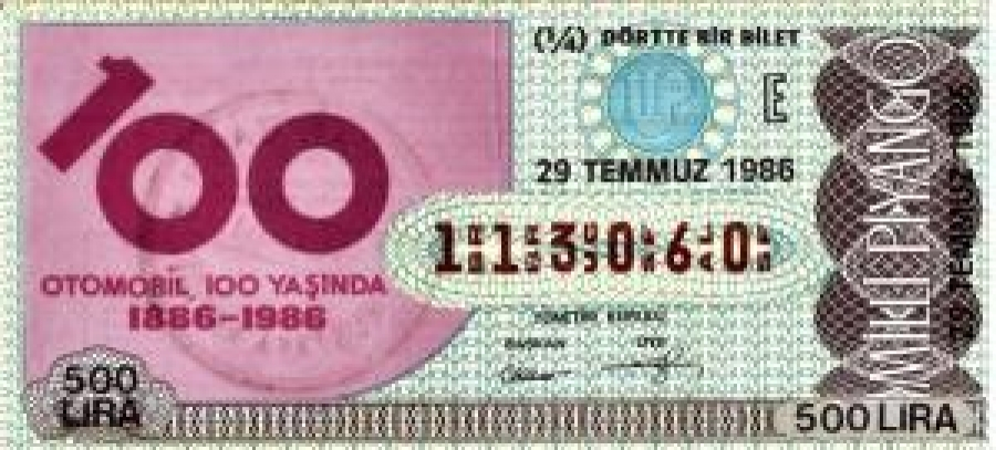 MİLLİ PİYANGO ÇEYREK BİLET 500 LİRA 113060 SERİ NO 29 TEMMUZ 1986 ÇEKİLİŞİ