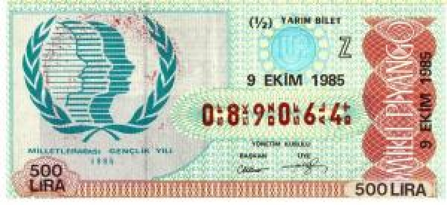 MİLLİ PİYANGO YARIM BİLET 500 LİRA 089064 SERİ NO 9 EKİM 1985 ÇEKİLİŞİ