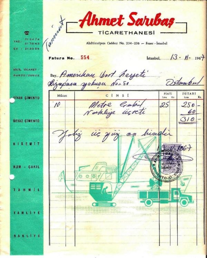 1967 İSTANBULDA AHMET SARITAŞ TAŞIMACILIK KESİLMİŞ 310 LİRALIK FATURA