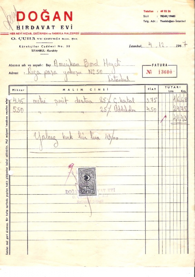 1967 İSTANBULDA DOGAN HIRDAVAT EVİ KESİLMİŞ 41.43 LİRALIK FATURA