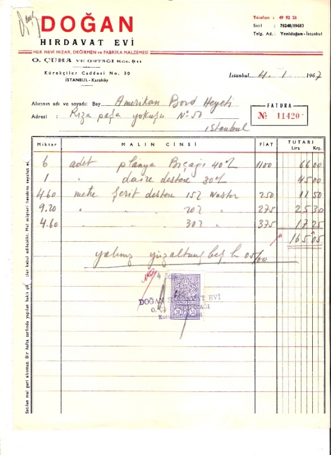 1967 İSTANBULDA DOGAN HIRDAVAT KESİLMİŞ 165.05 LİRALIK FATURA