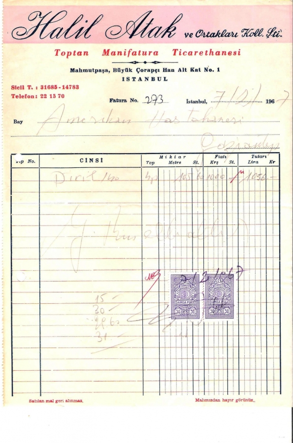 1967 İSTANBULDA HALİL ATAK FİRMASINDAN AMERİKAN HASTANESİNE KESİLMİŞ 1056 TL LİRALIK FATURA