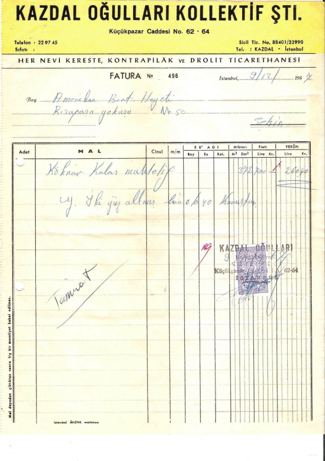 1967 İSTANBULDA KAZDAL KESİLMİŞ 260.40 LİRALIK FATURA