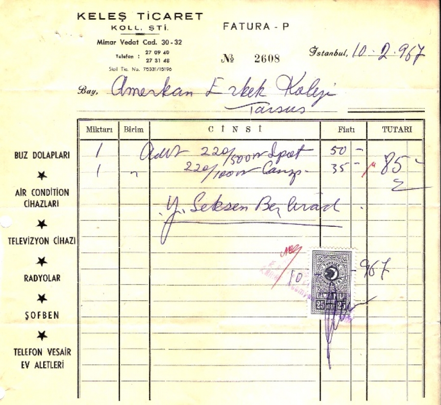 1967 İSTANBULDA KELEŞ TİÇ KESİLMİŞ 85 LİRALIK FATURA