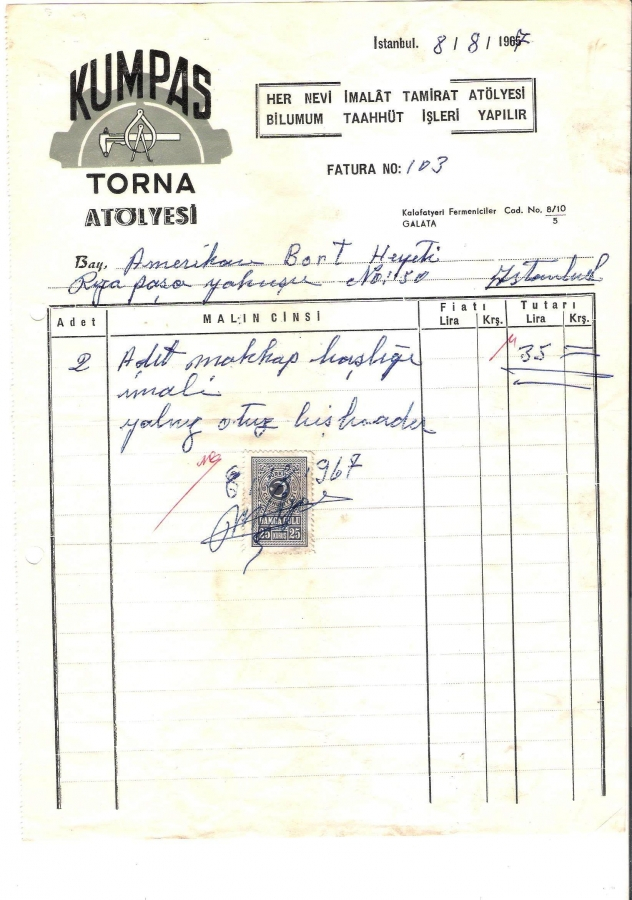 1967 İSTANBULDA KUMPAS TORNA KESİLMİŞ 35 LİRALIK FATURA