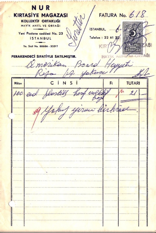 1967 İSTANBULDA NUR KIRTASİYE KESİLMİŞ 21 LİRALIK FATURA