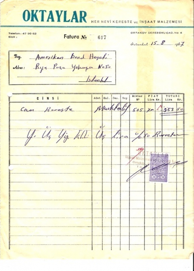 1967 İSTANBULDA OKTAYLAR KERESTECİLİK KESİLMİŞ 353.50 LİRALIK FATURA