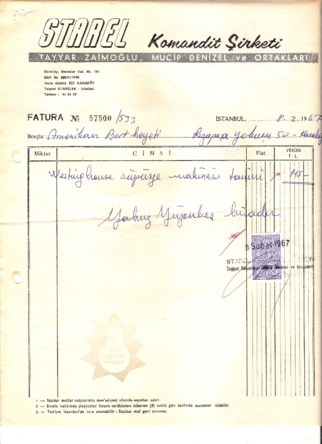 1967 İSTANBULDA STAREL KOMANDİT KESİLMİŞ 115 LİRALIK FATURA