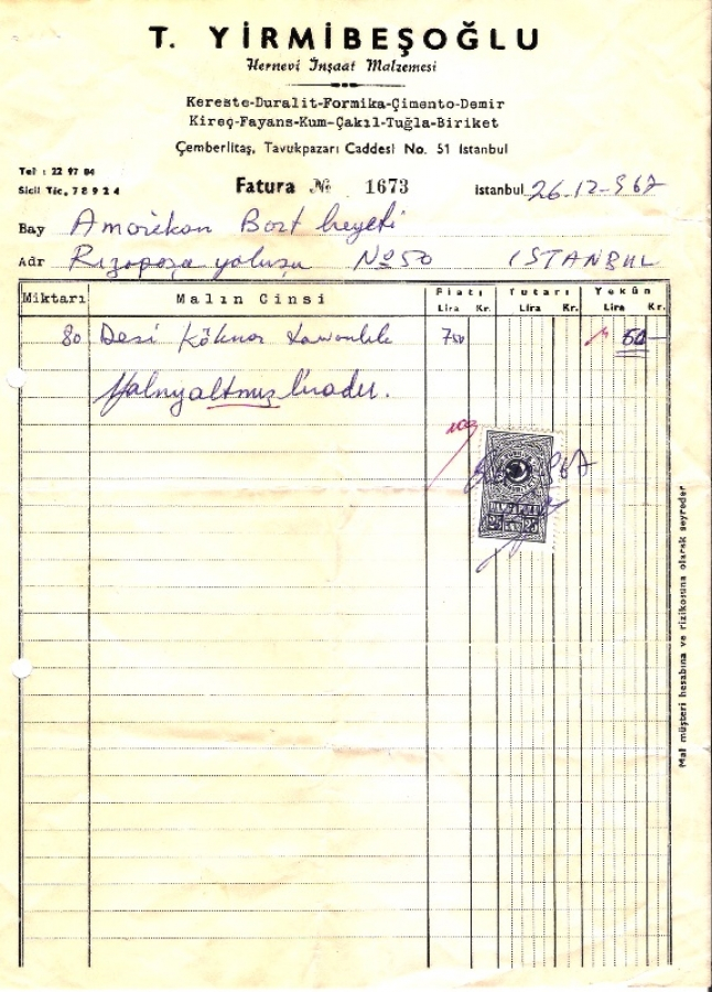 1967 İSTANBULDA T. YİRMİBEŞOĞLU İNŞAAT KESİLMİŞ 60 LİRALIK FATURA