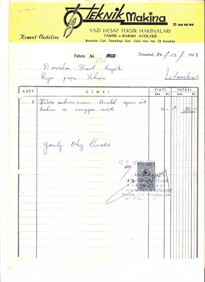 1967 İSTANBULDA TEKNİK MAKİNA KESİLMİŞ 30 LİRALIK FATURA