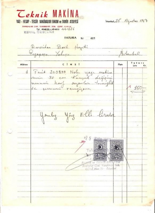 1967 İSTANBULDA TEKNİK MAKİNE KESİLMİŞ 150 LİRALIK FATURA