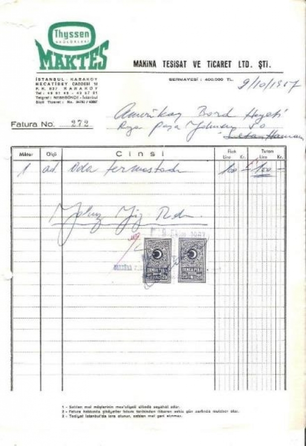 1967 İSTANBULDA THYSSEN MAKTES KESİLMİŞ 100 LİRALIK FATURA