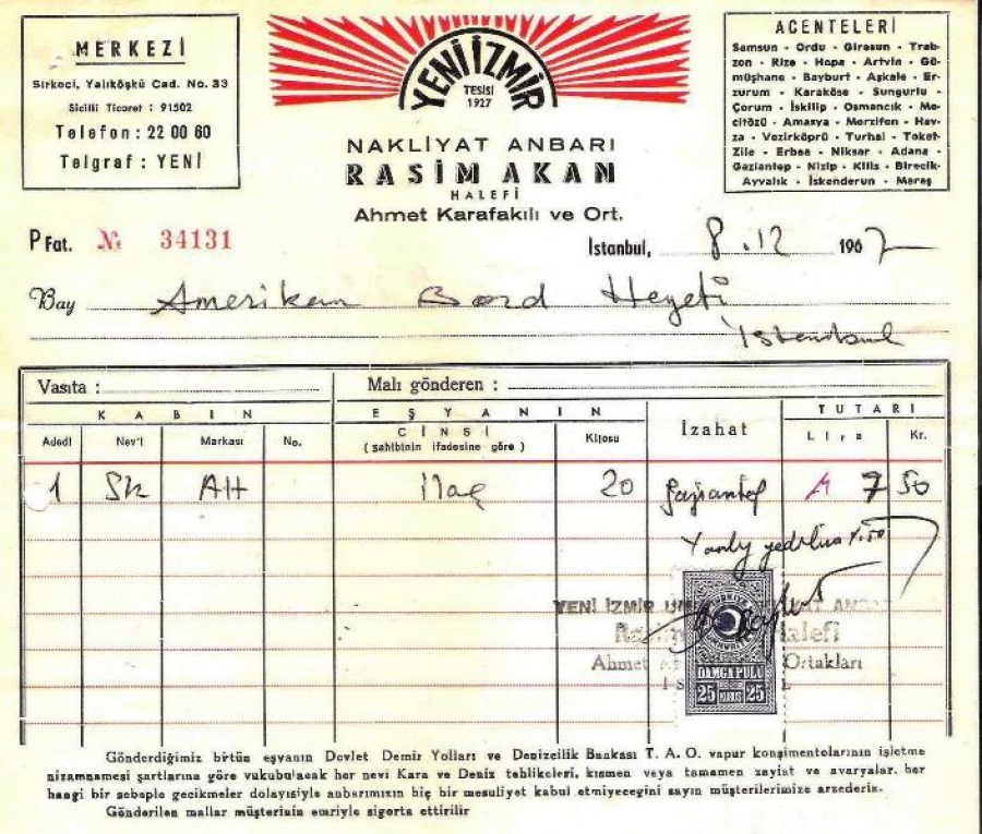 1967 İSTANBULDA YENİ İZMİR NAKLİYAT AMBARI KESİLMİŞ 7.50 LİRALIK FATURA