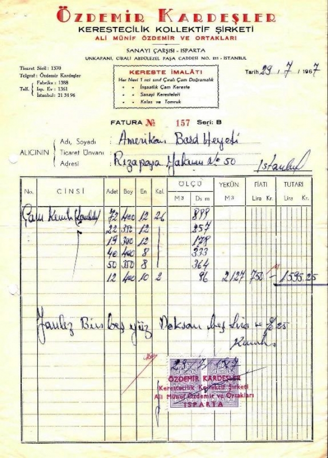 1967 İSTANBULDA ÖZDEMİR KARDEŞLER KERESTECİLİK KESİLMİŞ 1595.25 LİRALIK FATURA