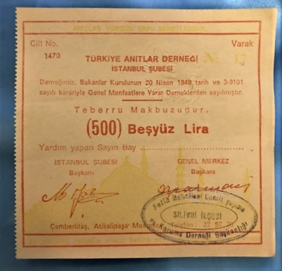 TÜRKİYE ANITLAR DERNEGİ İSTANBUL ŞÜBESİ 500 LİRA