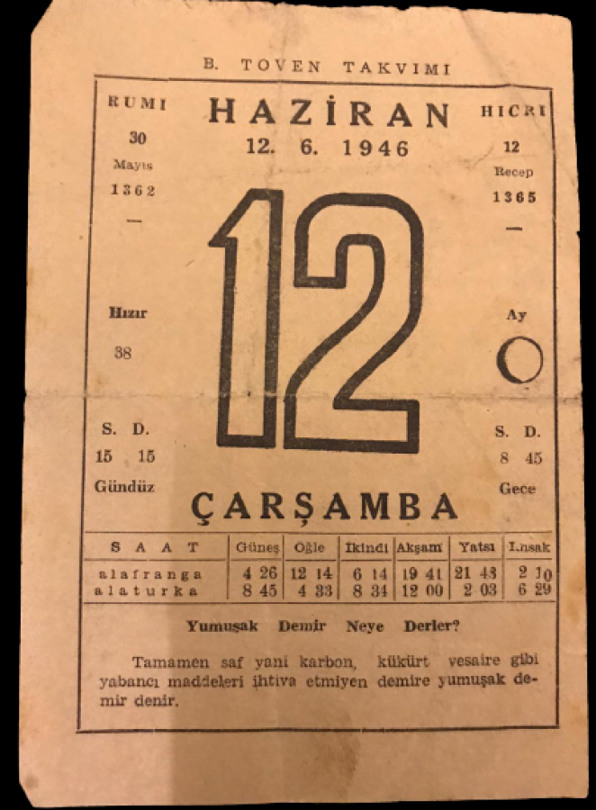 1946 SENESİNİN 12 HAZİRAN CARŞAMBA GÜNÜNE AİT B.TOVEN TAKVİMİ YAPRAGI