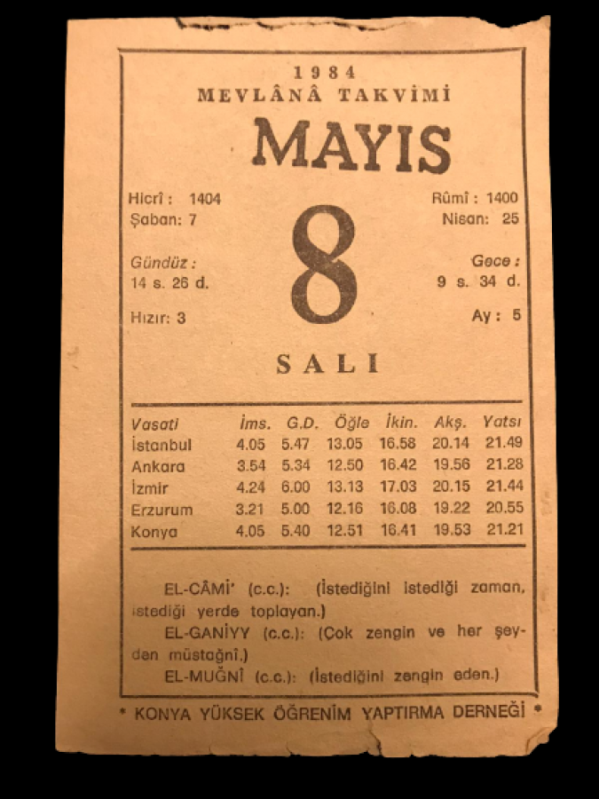 1984 SENESİNİN 8 MAYIS SALI GÜNÜNE AİT MEVLANA TAKVİM YAPRAGI