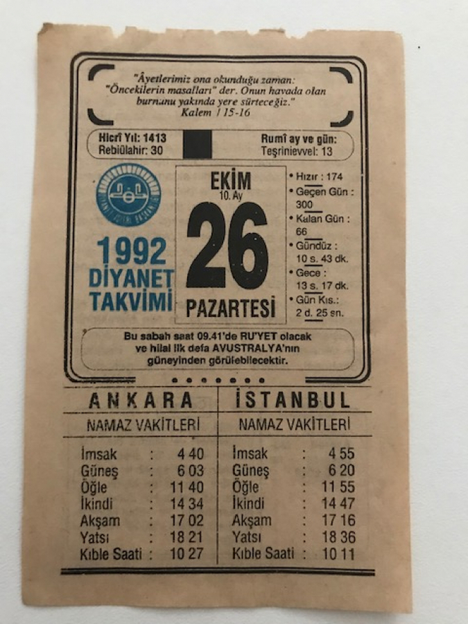 26 EKİM 1992 PAZARTESİ GÜNÜNE AİT TAKVİM YAPRAGI