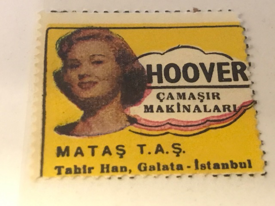 HOOVER VİNYET REKLAM PULU HOOVER CAMAŞIR MAKİNELERİ MATAŞ T.A.Ş TAHİR HAN GALATA İSTANBUL 30.36 Mm ÖLCÜLERİNDE