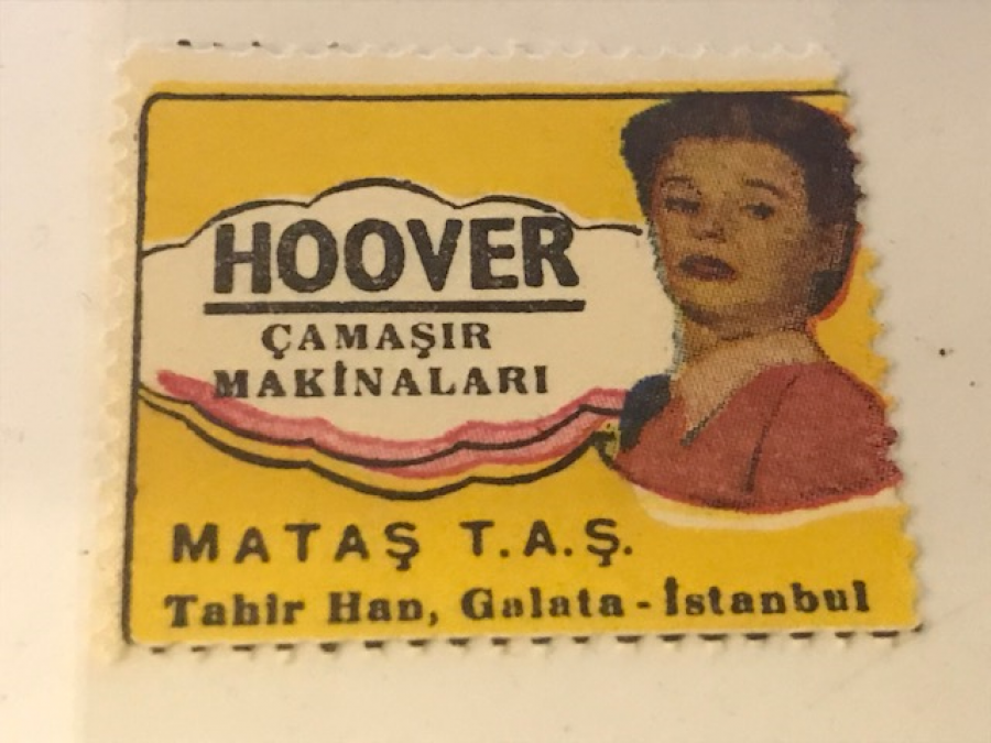 HOOVER VİNYET REKLAM PULU HOOVER CAMAŞIR MAKİNELERİ MATAŞ T.A.Ş TAHİR HAN GALATA İSTANBUL 30.36 Mm ÖLCÜLERİNDE