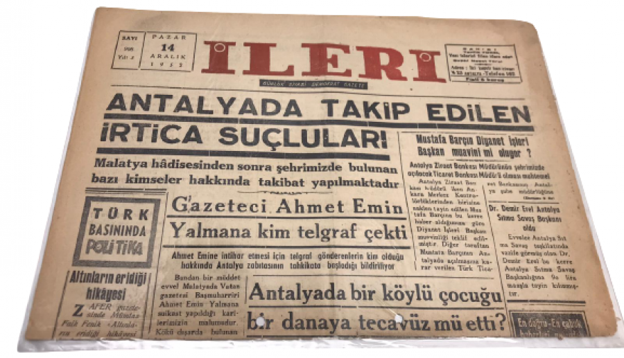 İLERİ GÜNLÜK SİYASİ DEMOKRAT GAZETE 14 ARALIK PAZAR 1952 ANTALYA İLERİ GAZETESİ SATIŞ FİYATI 5 KURUŞTUR