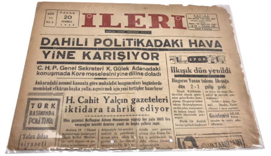 İLERİ GÜNLÜK SİYASİ DEMOKRAT GAZETE 20 TEMMUZ PAZAR 1952 ANTALYA İLERİ GAZETESİ SATIŞ FİYATI 5 KURUŞTUR