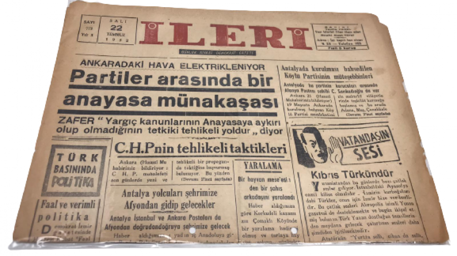 İLERİ GÜNLÜK SİYASİ DEMOKRAT GAZETE 22 TEMMUZ SALI 1952 ANTALYA İLERİ GAZETESİ SATIŞ FİYATI 5 KURUŞTUR