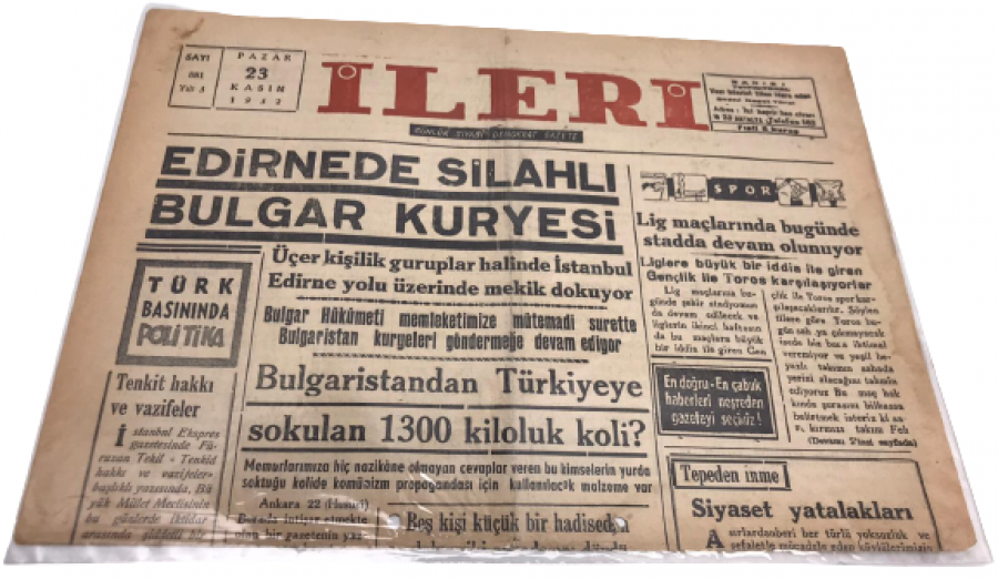 İLERİ GÜNLÜK SİYASİ DEMOKRAT GAZETE 23 KASIM PAZAR 1952 ANTALYA İLERİ GAZETESİ SATIŞ FİYATI 5 KURUŞTUR