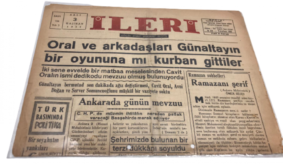 İLERİ GÜNLÜK SİYASİ DEMOKRAT GAZETE 3 HAZİRAN SALI 1952 ANTALYA İLERİ GAZETESİ SATIŞ FİYATI 5 KURUŞTUR