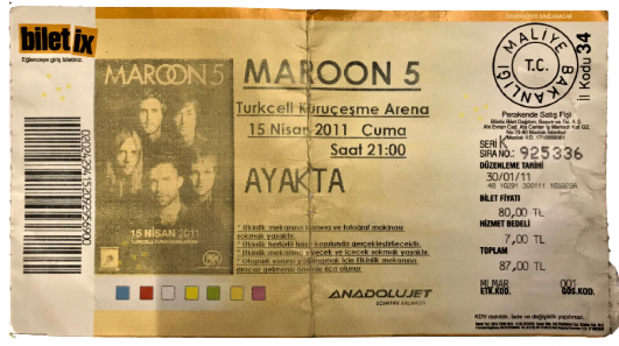 MAROON 5 TURKCELL KURUCEŞME ARENE 15 NİSAN 2011 SAAT 21,00 AYAKTA KONSER BİLETİ