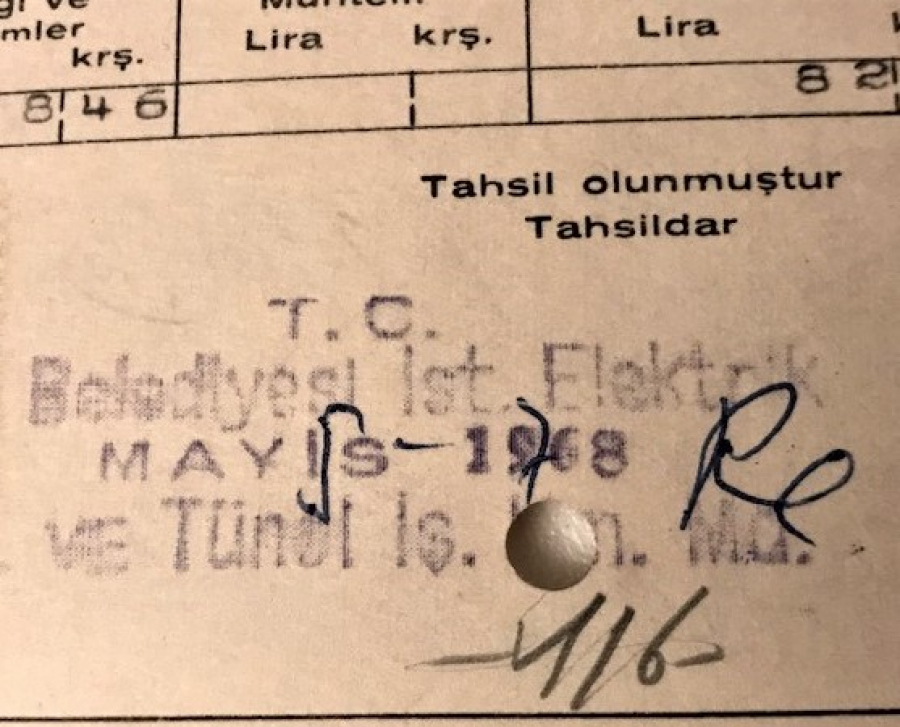 thumbMAYIS 1968 BAKIRKÖY DELİKLİ KARTON ÖDENMİŞ PULLU ELEKTİRİK MAKBUZU