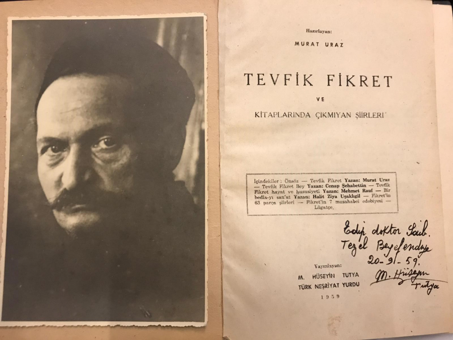 TEVFİK FİKRET CİLT KAPAKLI FOTOGRAFLI ORJİNAL YENİ ŞAFAK KÜTÜPHANE KURUCUSU M.HÜSEYİN TUTYA ISLAK İMZA HİTAFLI